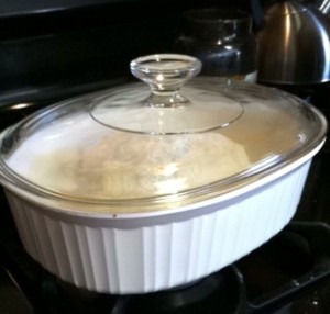 The glass casserole dish I bake my bread in. It traps the steam inside and creates a nice crunchy crust
